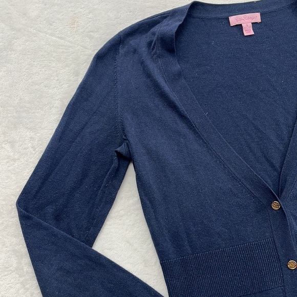 Lilly Pulitzer S Silk Cotton Navy Blue V Neck Button Cardigan Soft Sweater - Picture 3 of 12